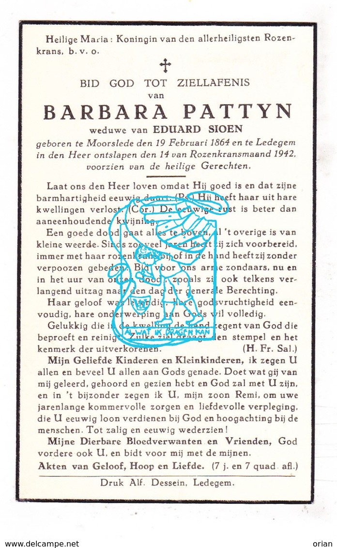 DP Barbara Pattyn ° Moorslede 1864 † Ledegem 1942 X Eduard Sioen - Devotieprenten