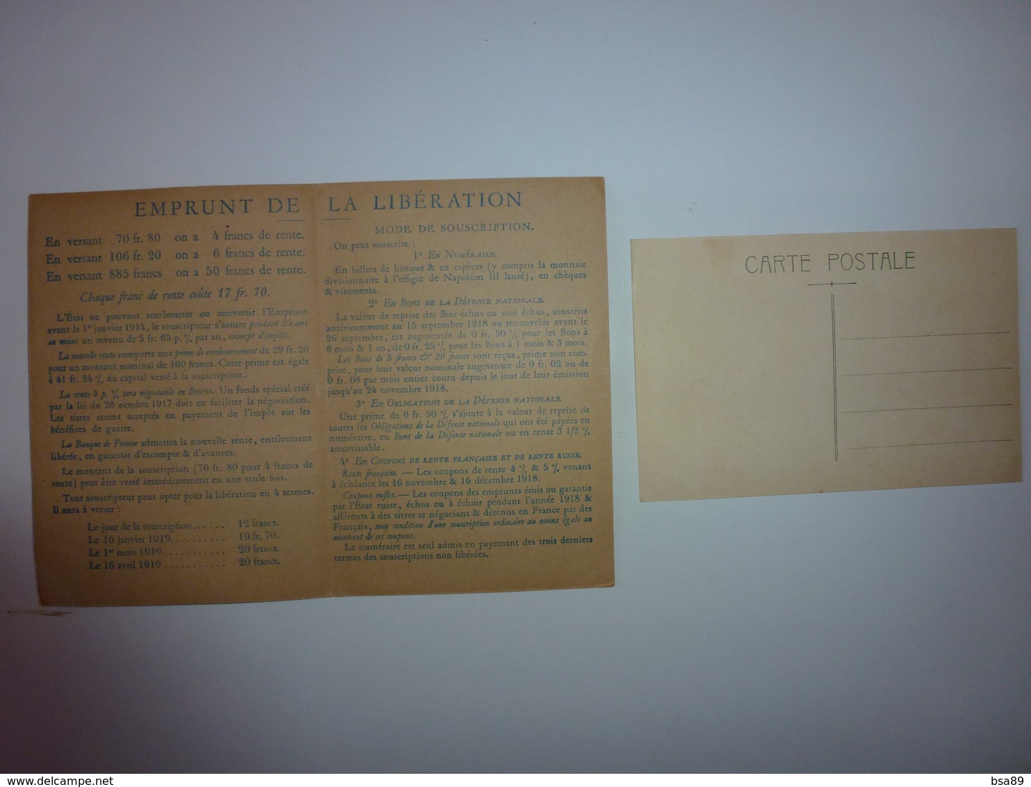 PETIT DEPLIANT AVEC SA CARTE POSTALE DE 1918 EMPRUNT DE LA LIBERATION DEPARTEMENT DE LA SEINE INFERIEURE - Documenti Storici