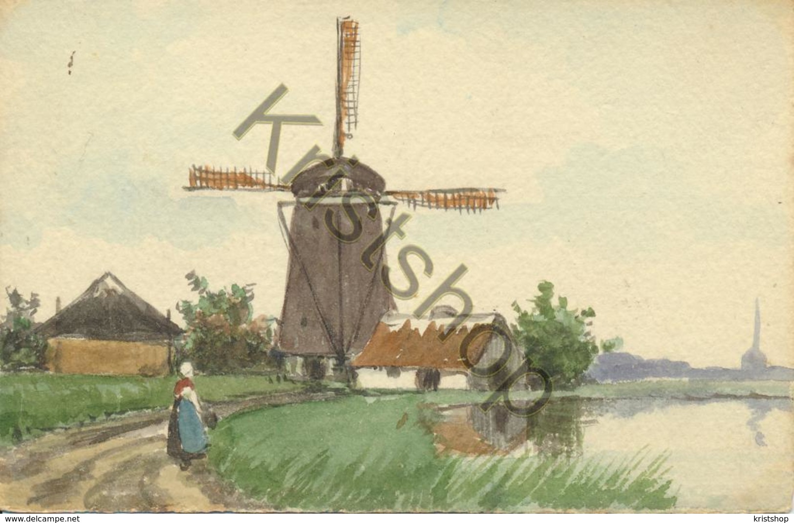 Schilderij-kaart - Molen Met Vrouw In Klederdracht  [5C-185 - Moulins à Vent