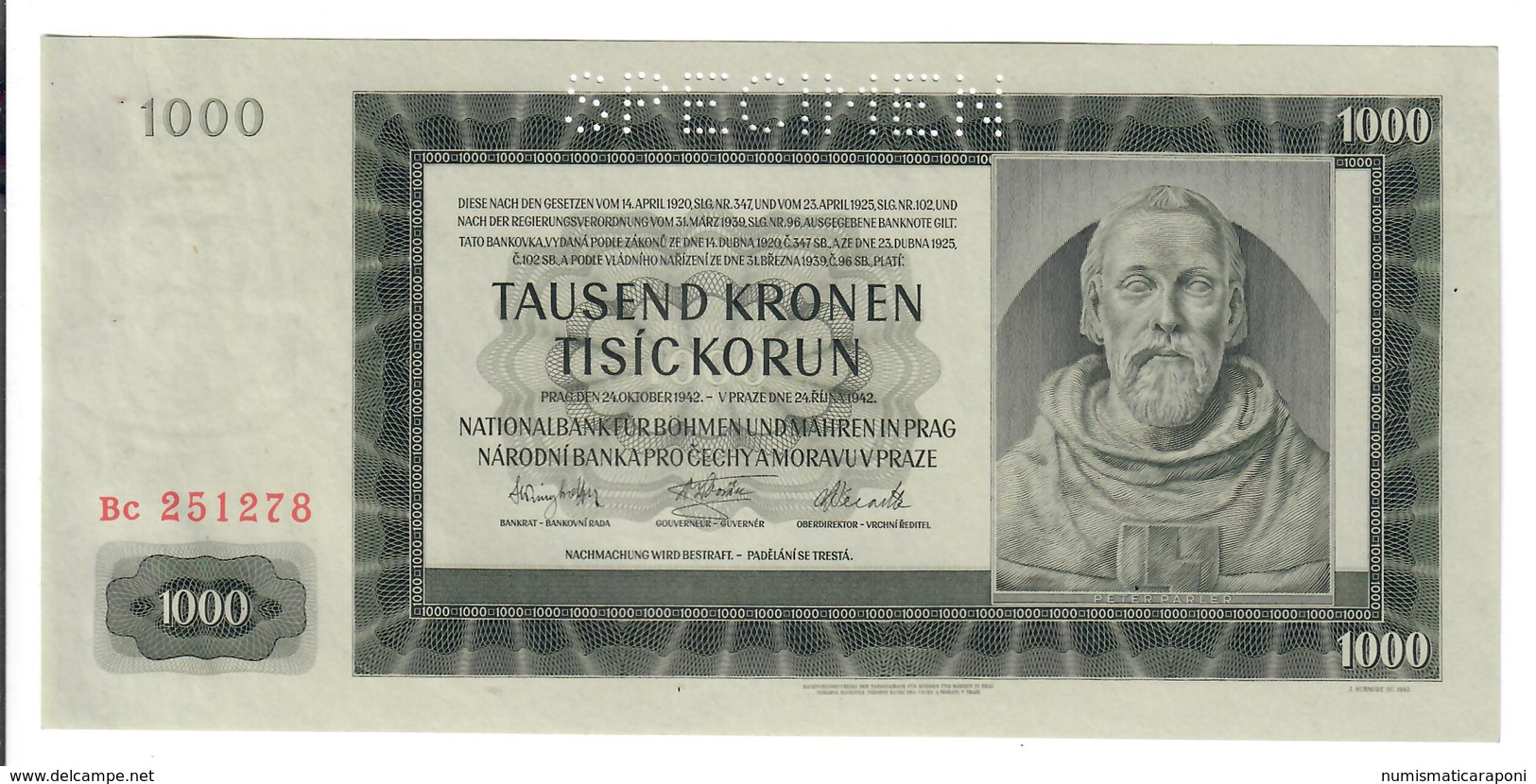 BOHEMIA & MORAVIA 1000 Korun 1942 SPECIMEN Pick 15s Sup/q.fds Lotto.2825 - Cecoslovacchia