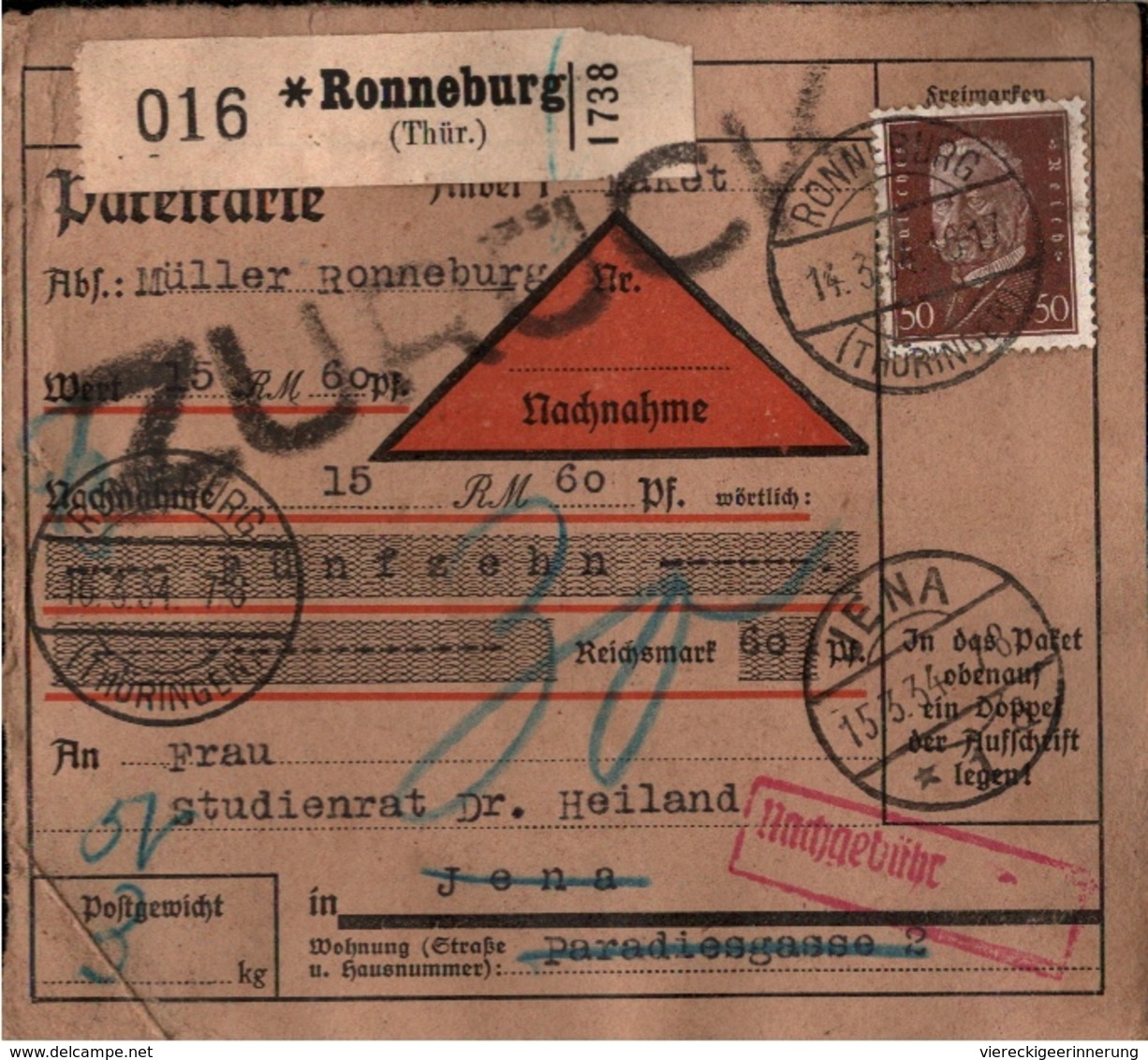 ! 1934 Nachnahme Paketkarte Deutsches Reich, Ronneburg In Thüringen Nach Jena, Zurück + Nachgebühr Stempel - Storia Postale