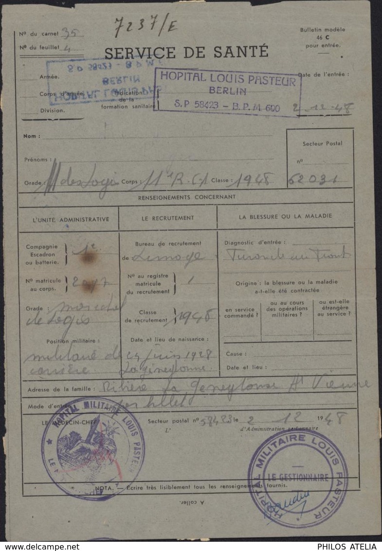 Document Confidentiel Service Militaire FM Hôpital Louis Pasteur Berlin SP 58423 BPM 600 Occupation Allemagne 2 12 48 - Lettres & Documents