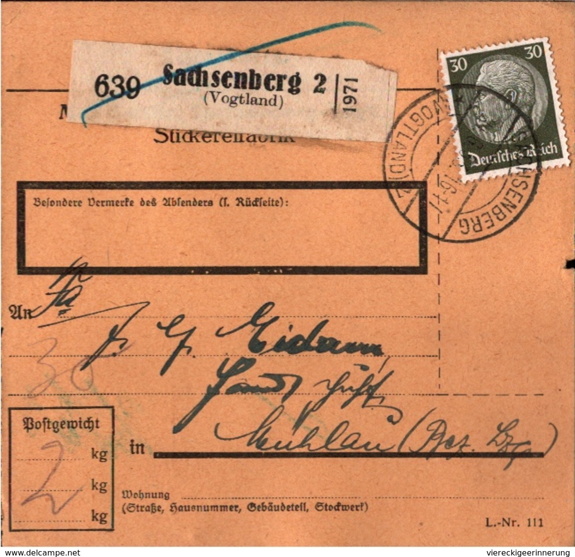 ! 1933 Paketkarte Deutsches Reich, Sachsenberg Im Vogtland Nach Mühlau - Storia Postale