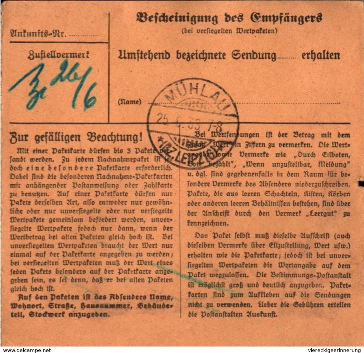 ! 1933 Paketkarte Deutsches Reich, Sachsenberg Im Vogtland Nach Mühlau - Storia Postale