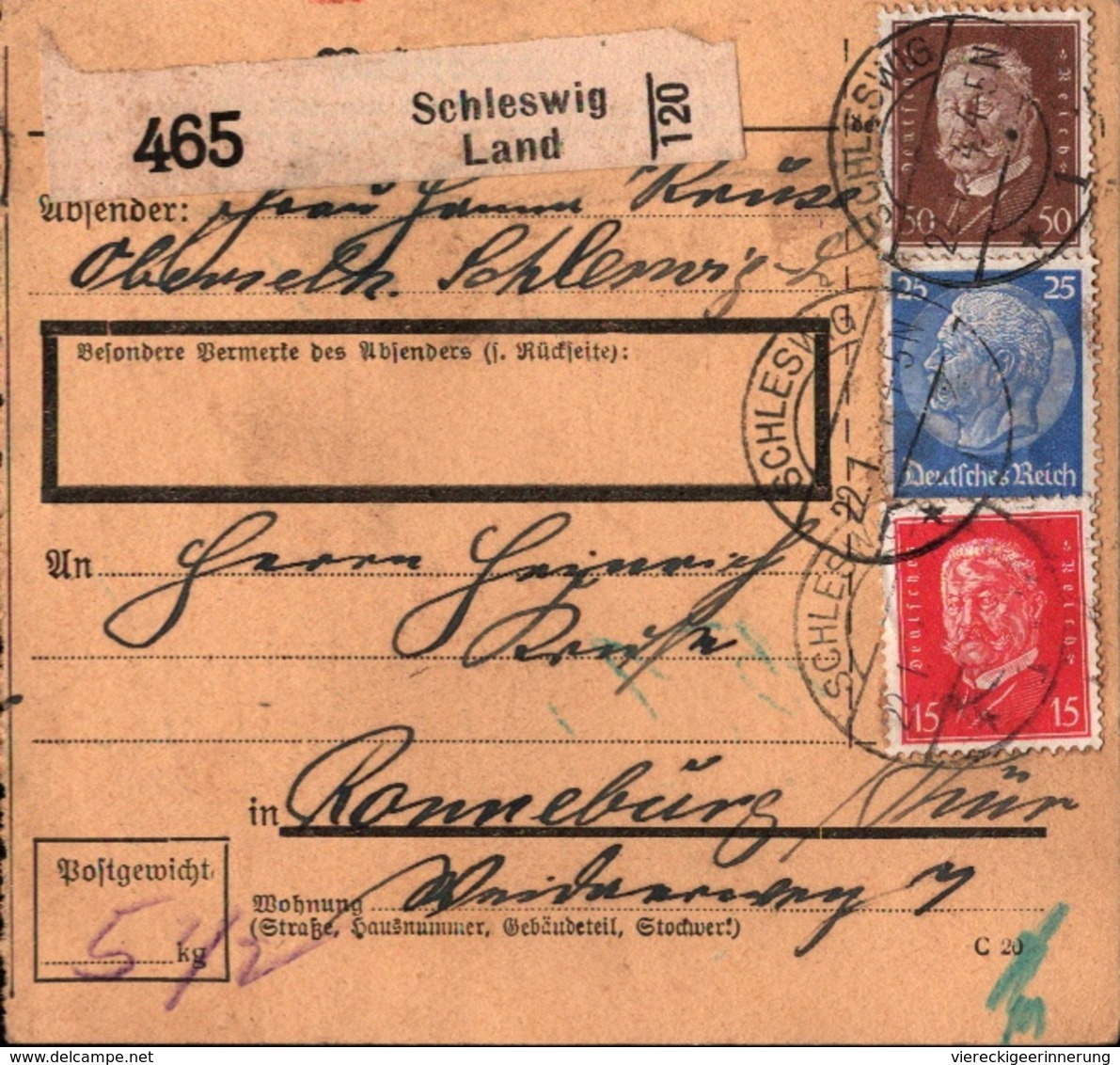 ! 1934 Paketkarte Deutsches Reich, Schleswig, Dreifarbenfrankatur - Briefe U. Dokumente