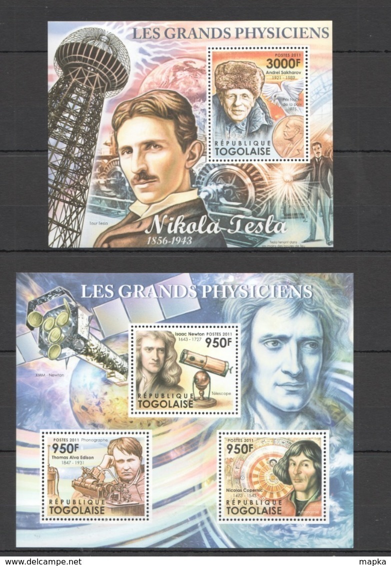 TG1054 2011 TOGO TOGOLAISE FAMOUS PEOPLE GREAT PHYSICISTS TESLA NEWTON COPERNICUS KB+BL MNH - Physique