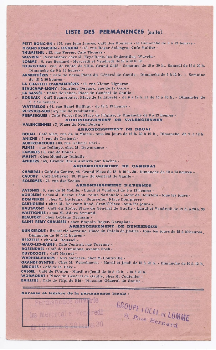 POUR ... AVEC CHARLES DE GAULLE ADHEREZ AU RASSEMBLEMENT DU PEUPLE FRANCAIS LISTE DES PERMANENCES GROUPE LOCAL DE LOMME - Documents Historiques