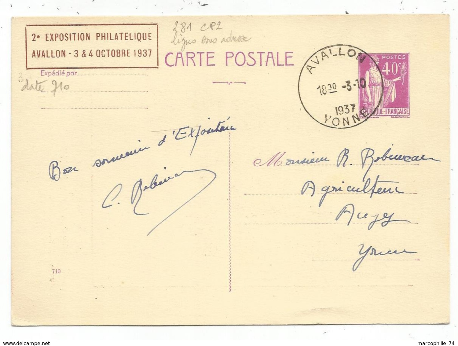 ENTIER 40C PAIX CP REPIQUAGE AVALLON 3.10.1937 EXPOSITION PROPAGANDE PHILATELIQUE - Cartes Postales Repiquages (avant 1995)