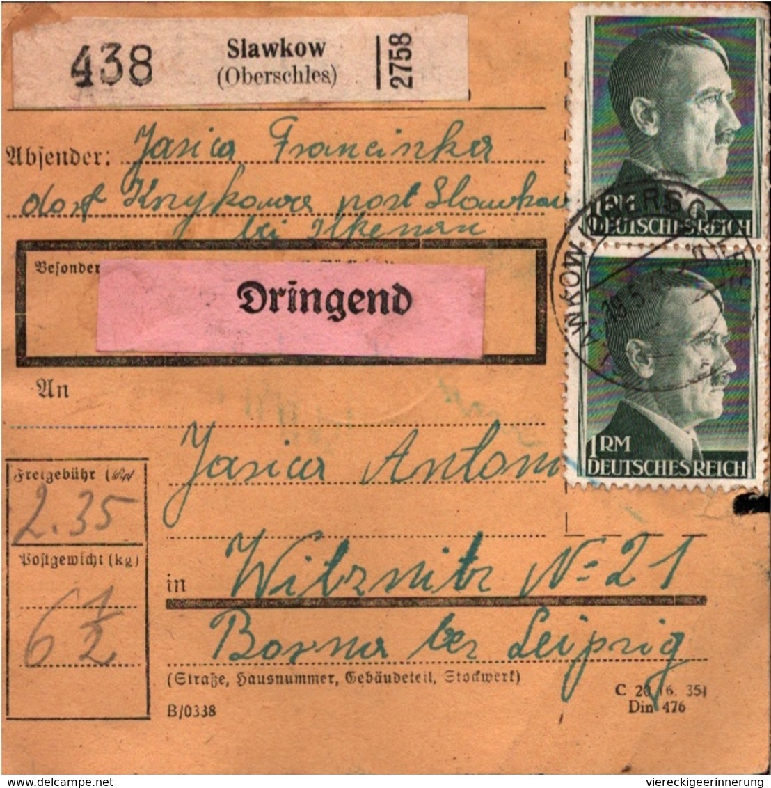 ! 1943 Paketkarte Deutsches Reich, Slawkow, Schlesien. Oberschlesien - Storia Postale