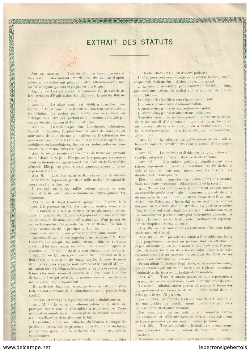 Action Ancienne - Recherches Et Exploitation Houillères Du Levant Du Midi De Mons - Titre De 1919 - N°00460 - Mijnen