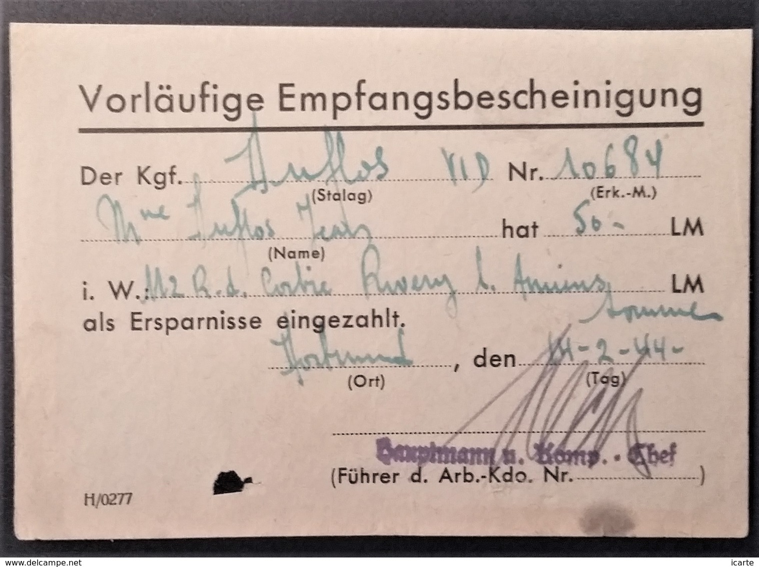 Récépissé Versement 50 RM STALAG VI D Dortmund Prisonnier De Guerre Février 1944 > RIVERY - 2. Weltkrieg 1939-1945