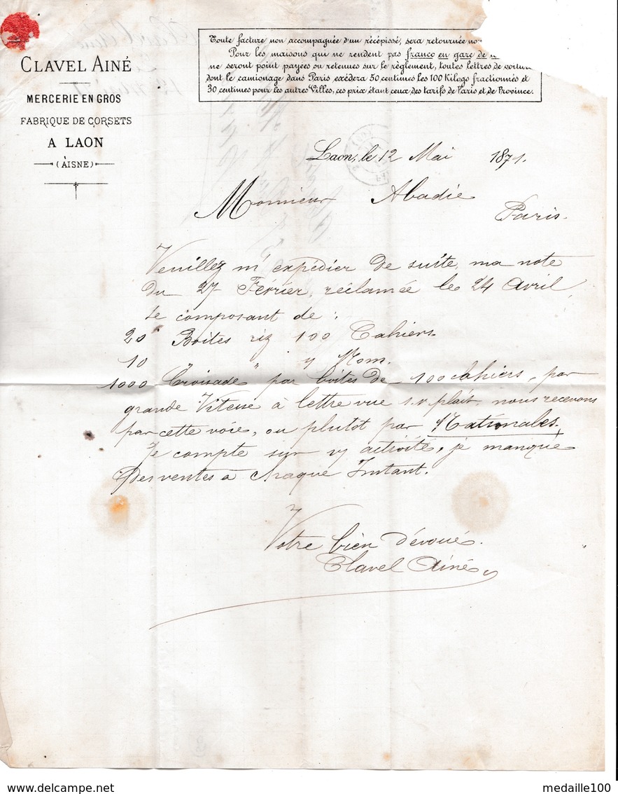 Commune De Paris Lettre Avec Correspondance De LAON  12 Mai 1871 Entrée Dans PARIS Par Passeur 17 Mai 1871 - 1870 Asedio De Paris