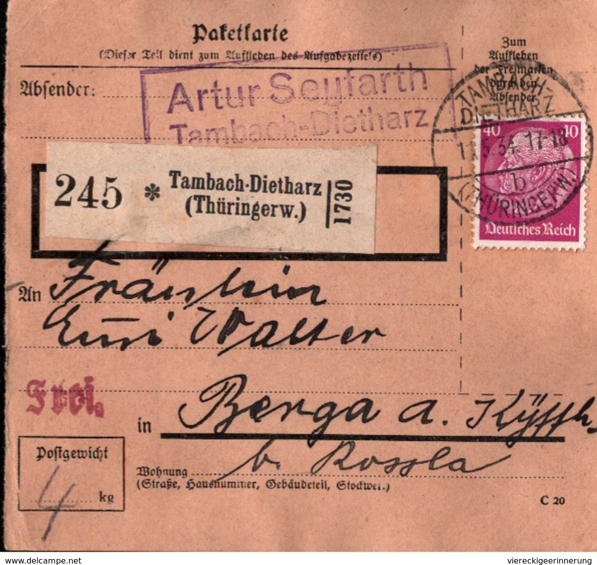 ! 1934  Paketkarte Deutsches Reich, Tambach Dietharz, Thüringerwald Nach Berga Kyffhäuser, Einkreisstempel - Briefe U. Dokumente