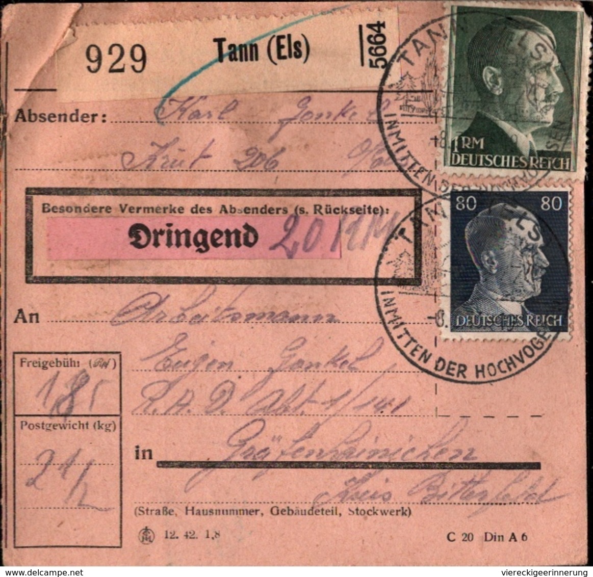 ! 1943 Paketkarte Deutsches Reich, Tann Im Elsaß, Alsace, Thann, An R.A.D. Lager In Gräfenhainichen, Reichsarbeitsdienst - Sonstige & Ohne Zuordnung