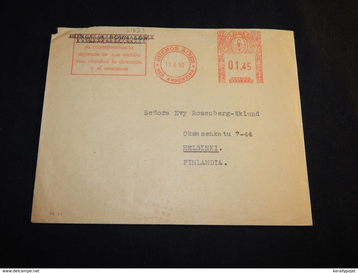 Argentina 1952 Buenos Aires Meter Mark Cover To Finland__(L-31623) - Briefe U. Dokumente