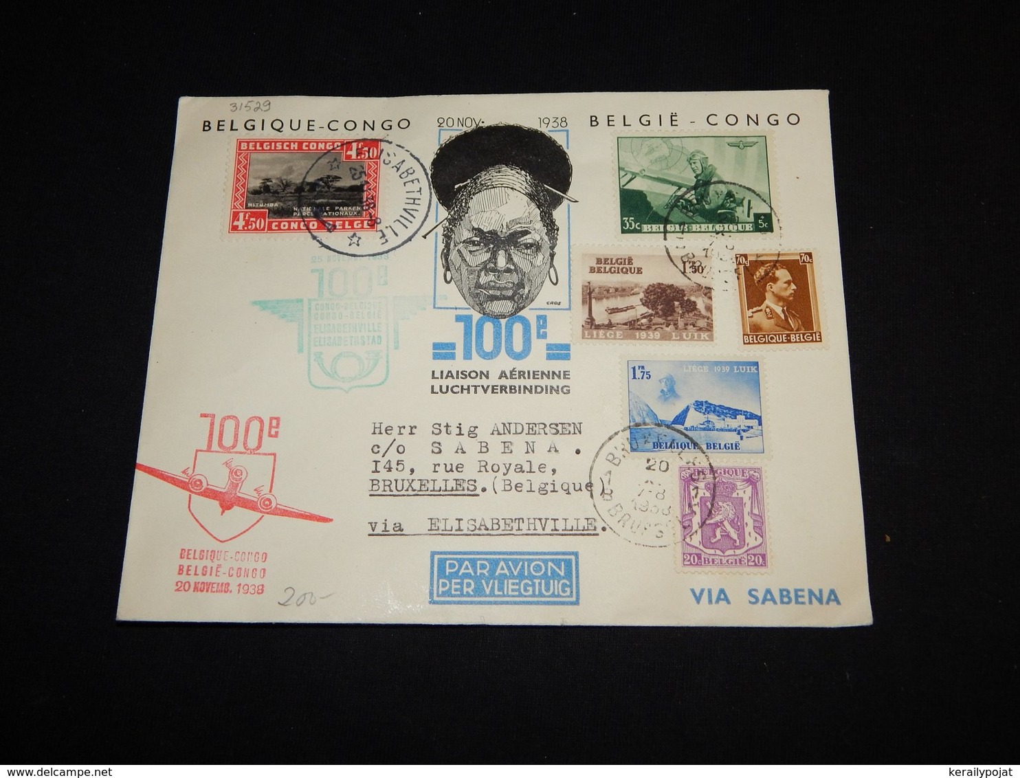 Belgium 1938 Sabena Air Mail Cover Via Elisabethville__(L-31529) - Other & Unclassified