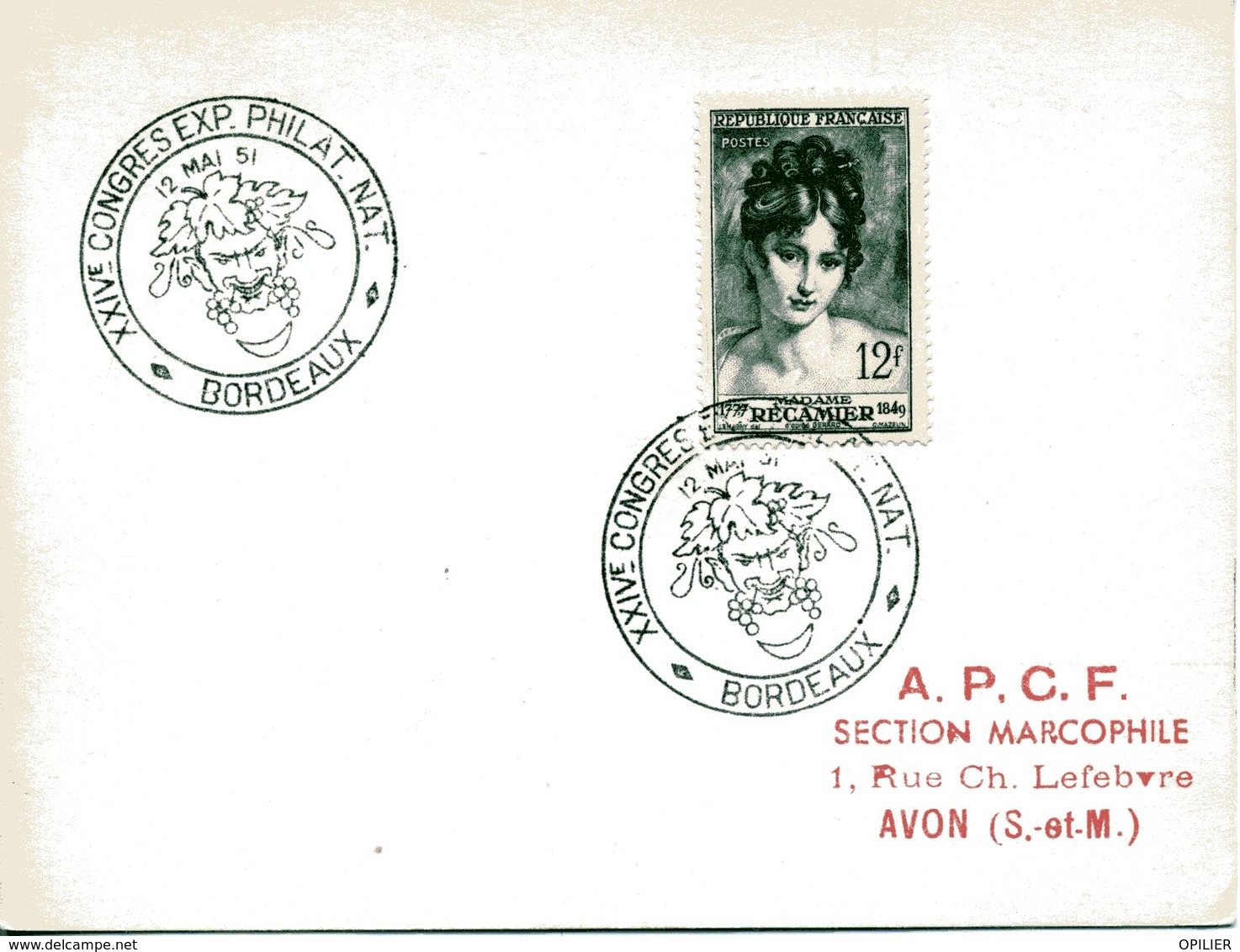 Bordeaux 1951 Congrès National Fédération Des Sociétés Philatéliques Françaises Timbre Philatélie Vigne Vin Sur Carton - Gedenkstempels