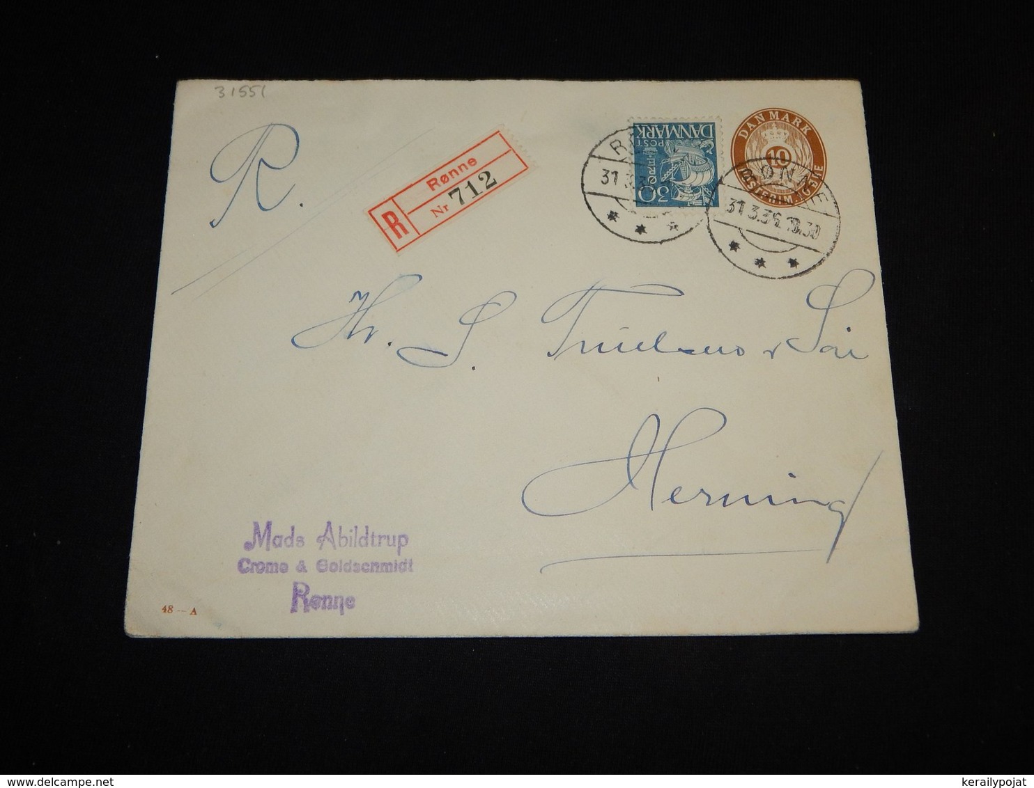 Denmark 1936 Rönne Registered Stationery Envelope__(L-31551) - Entiers Postaux