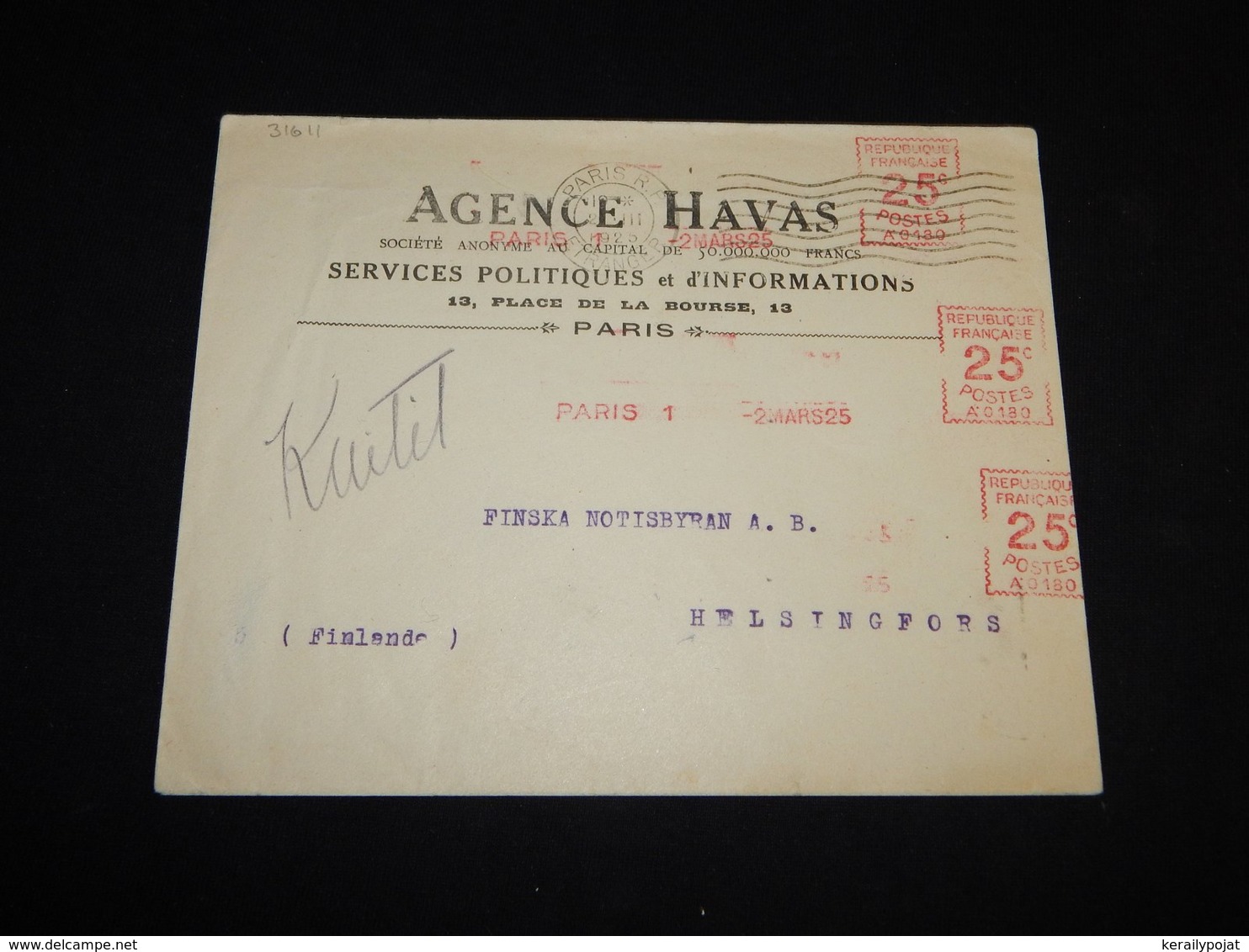 France 1925 Paris Agence Havas Business Cover__(L-31611) - Covers & Documents