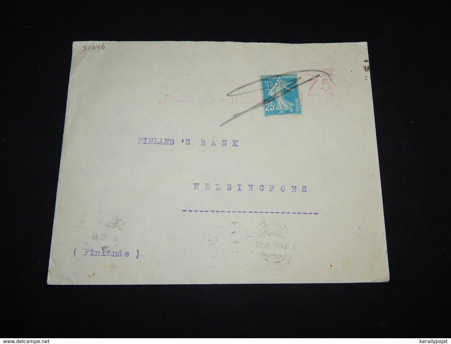 France 1925 Perfin Stamp Cover To Finland__(L-31646) - Briefe U. Dokumente