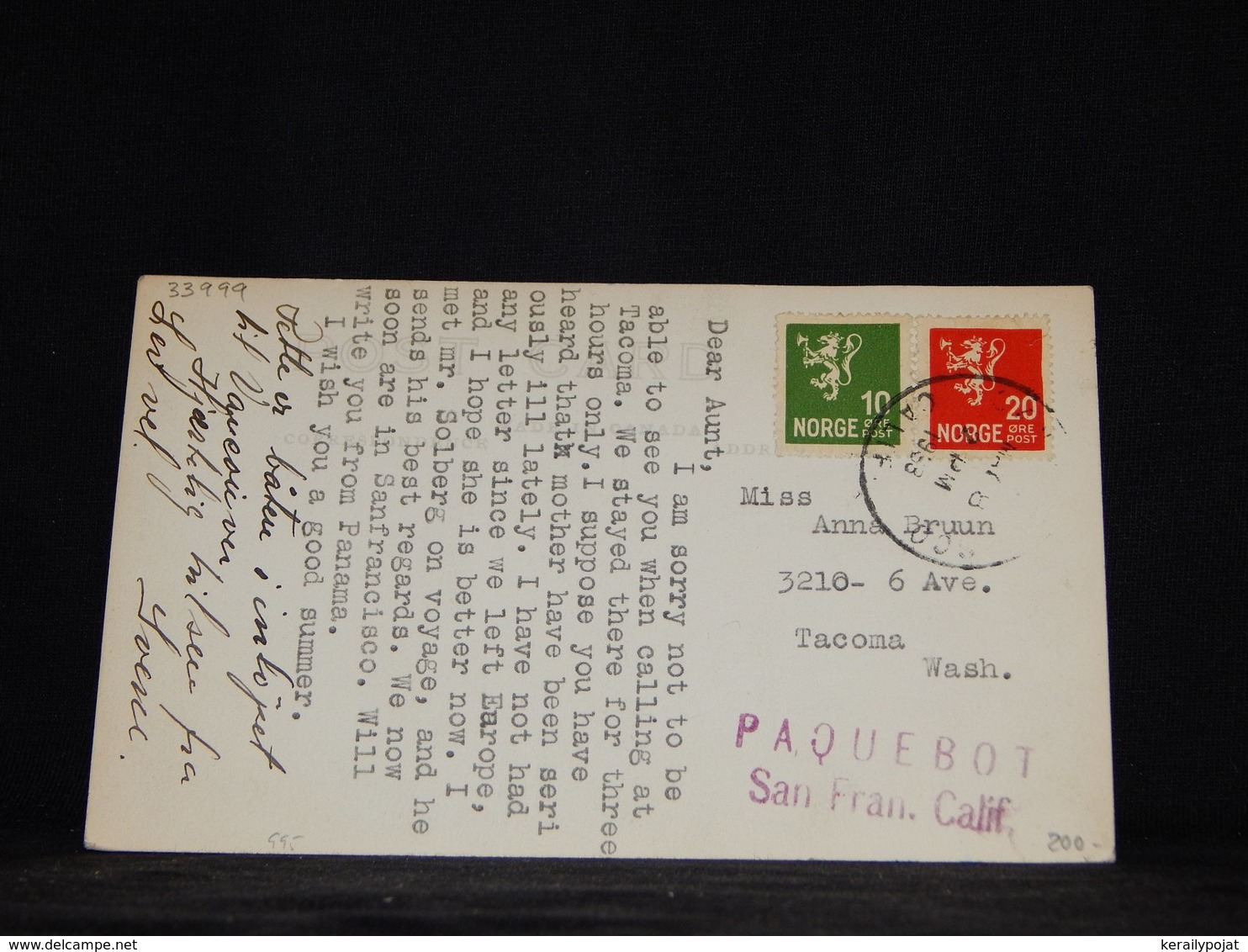 Norway 1938 Paquebot Postcard To USA__(L-33999) - Lettres & Documents