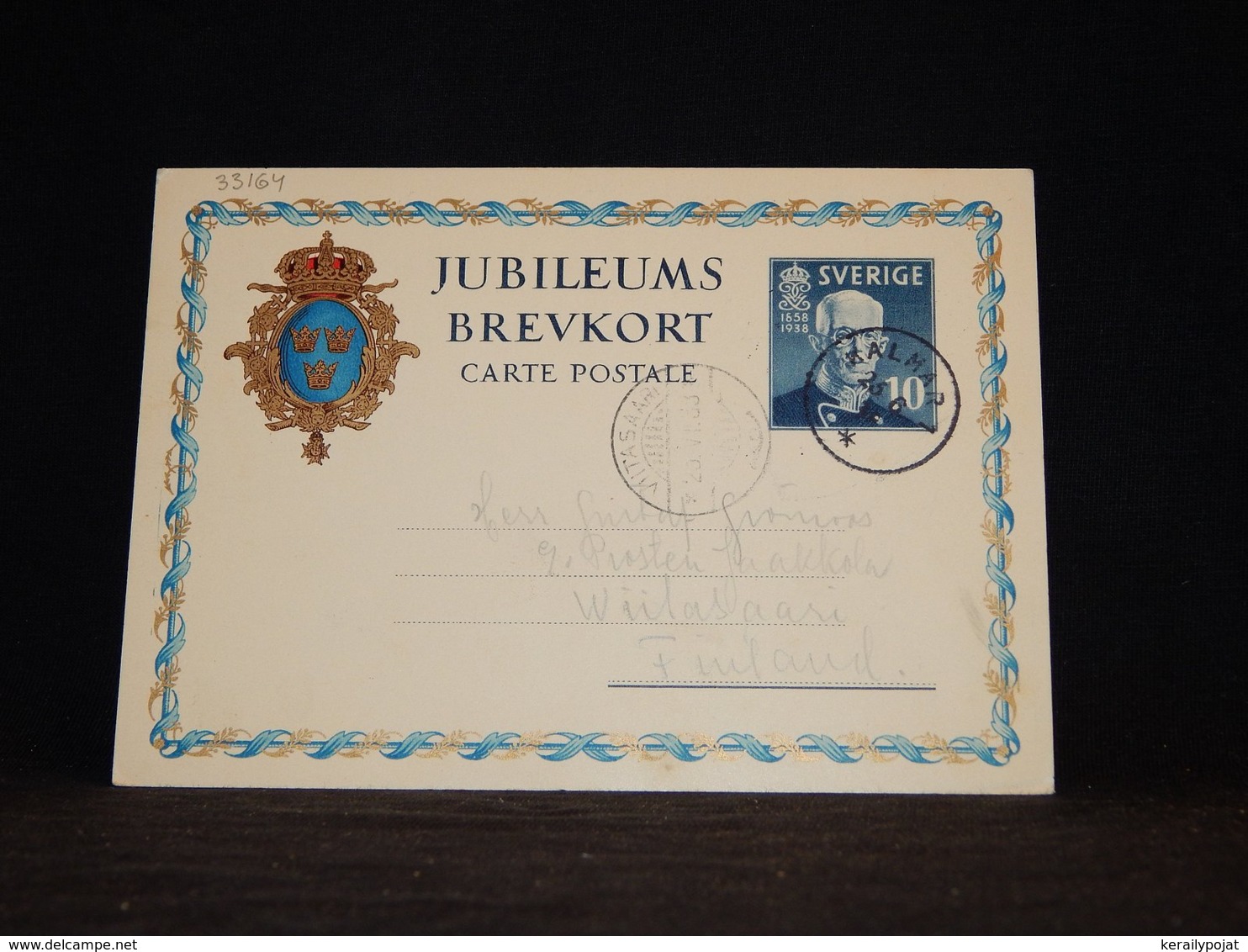 Sweden 1938 Karlmar 10Kr Blue Stationery Card To Finland__(L-33164) - Entiers Postaux