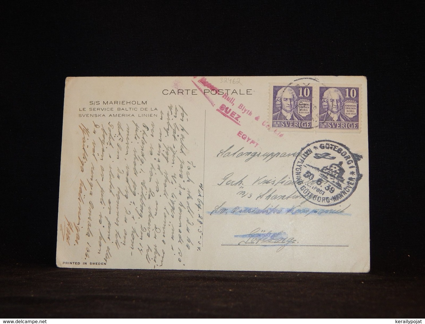 Sweden 1939 Göteborg Suez Ship Mail Card__(L-32462) - Lettres & Documents