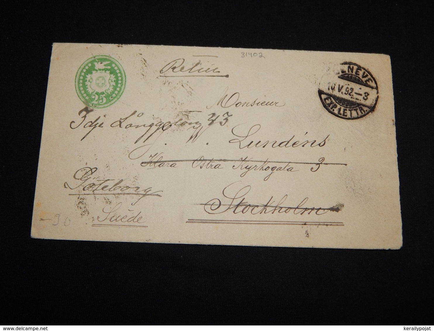 Switzerland 1892 Geneve Green Stationery Envelope To Sweden__(L-31402) - Ganzsachen