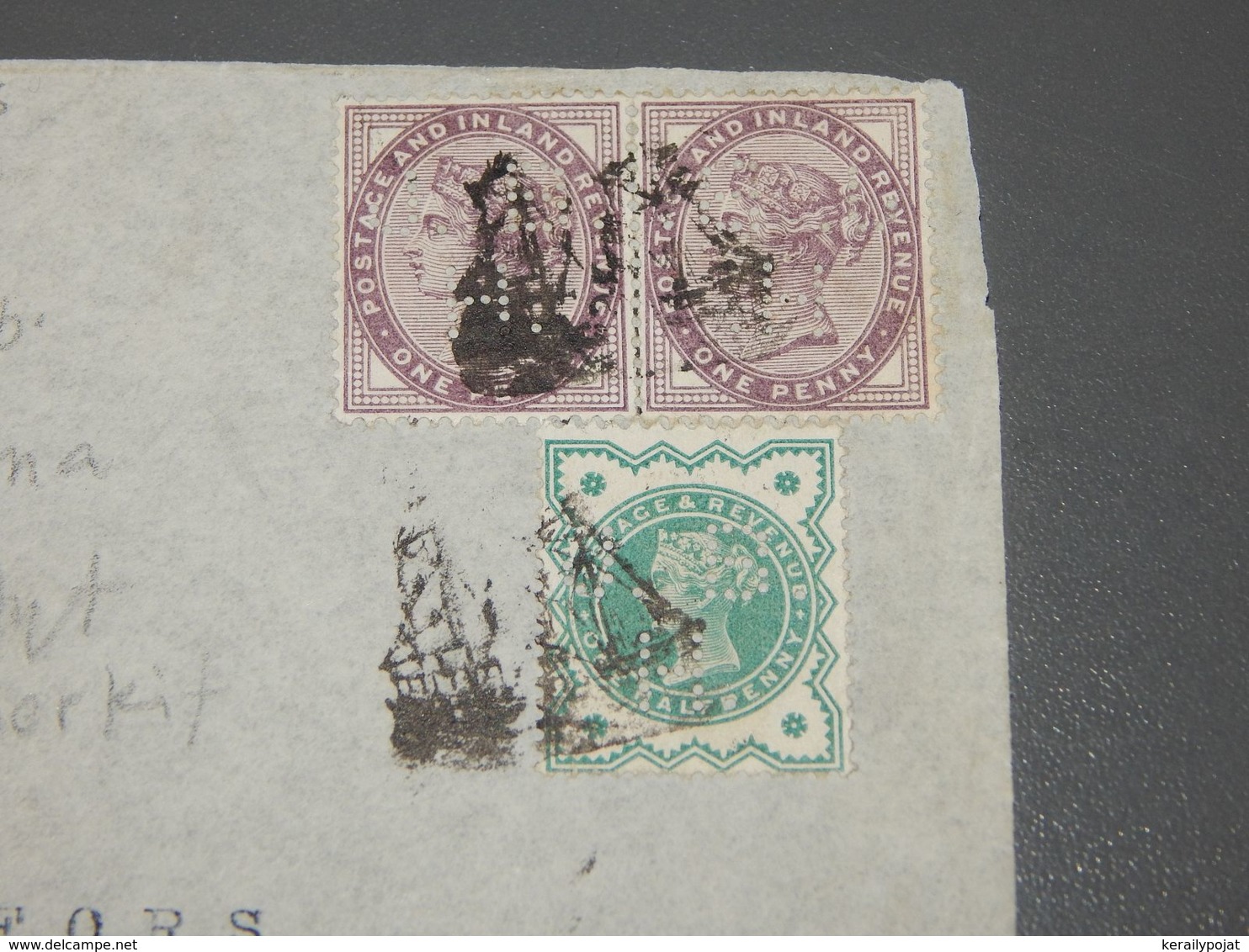 UK 1900's Perfin Stamps Ship Mail Letter Front__(L-32426) - Lettres & Documents