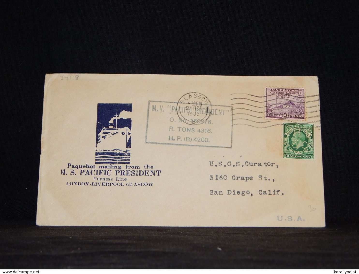 USA 1939 Glasgow M.V. Pacific President Perfin Stamp Cover__(L-34118) - Lettres & Documents