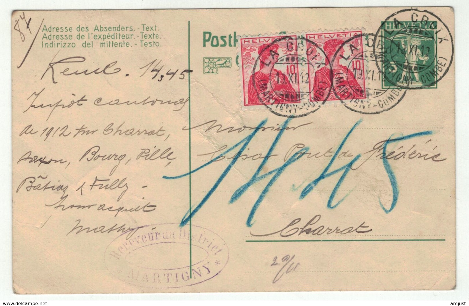 Suisse // Schweiz // Switzerland // Entier Postaux //  Entier Postal De Martigny.Croix Pour Charrat 19.11.1912 - Entiers Postaux