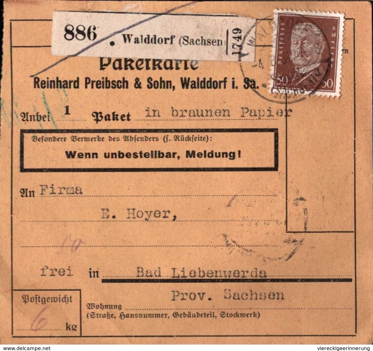 ! 1934 Paketkarte Deutsches Reich, Walddorf In Sachsen Nach Bad Liebenwerda - Storia Postale