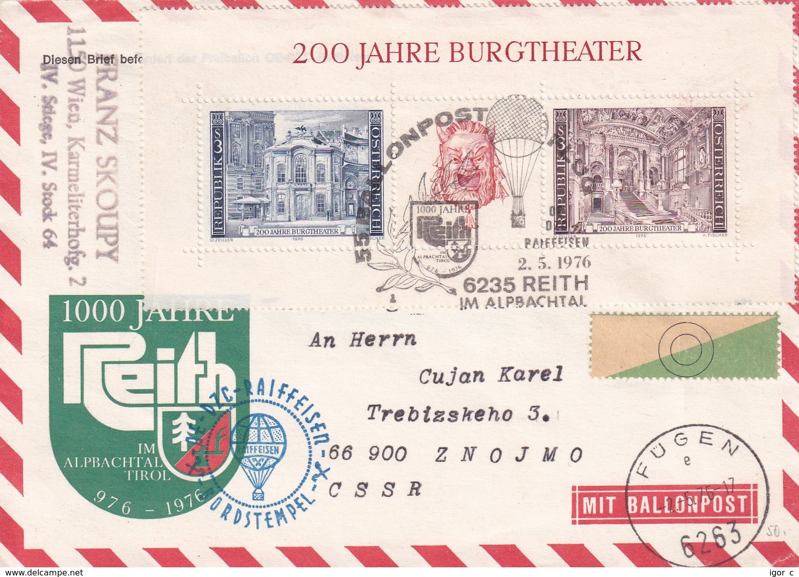 Austria Österreich 1976 Air Mail Cover: Transport Ballon Balon Post: 1000 Jahre Reith - Sonstige (Luft)