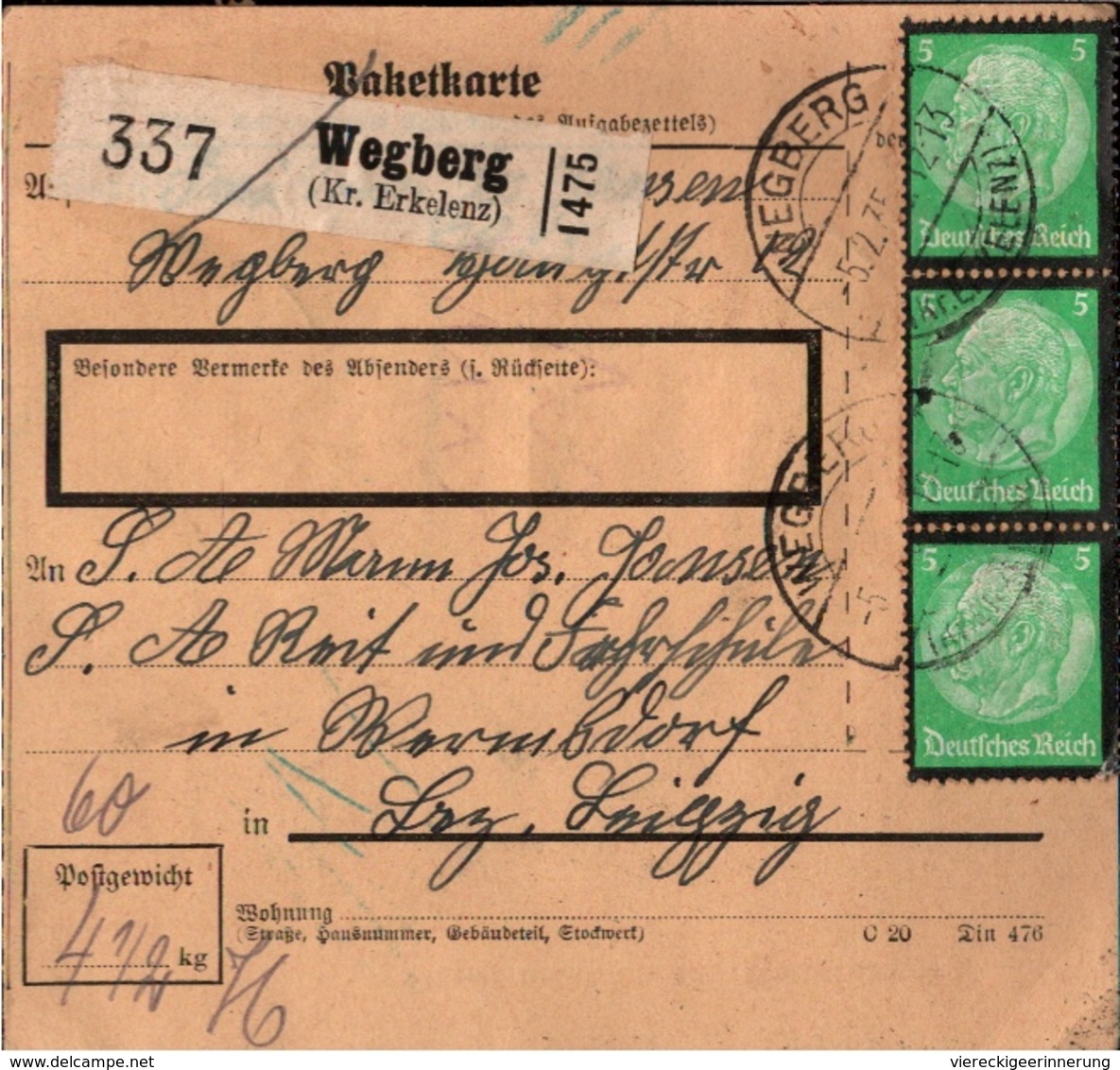 ! 1935 Paketkarte Deutsches Reich, Wegberg Kreis Erkelenz  Nach Wermsdorf SA Reit Und Fahrschule - Lettres & Documents