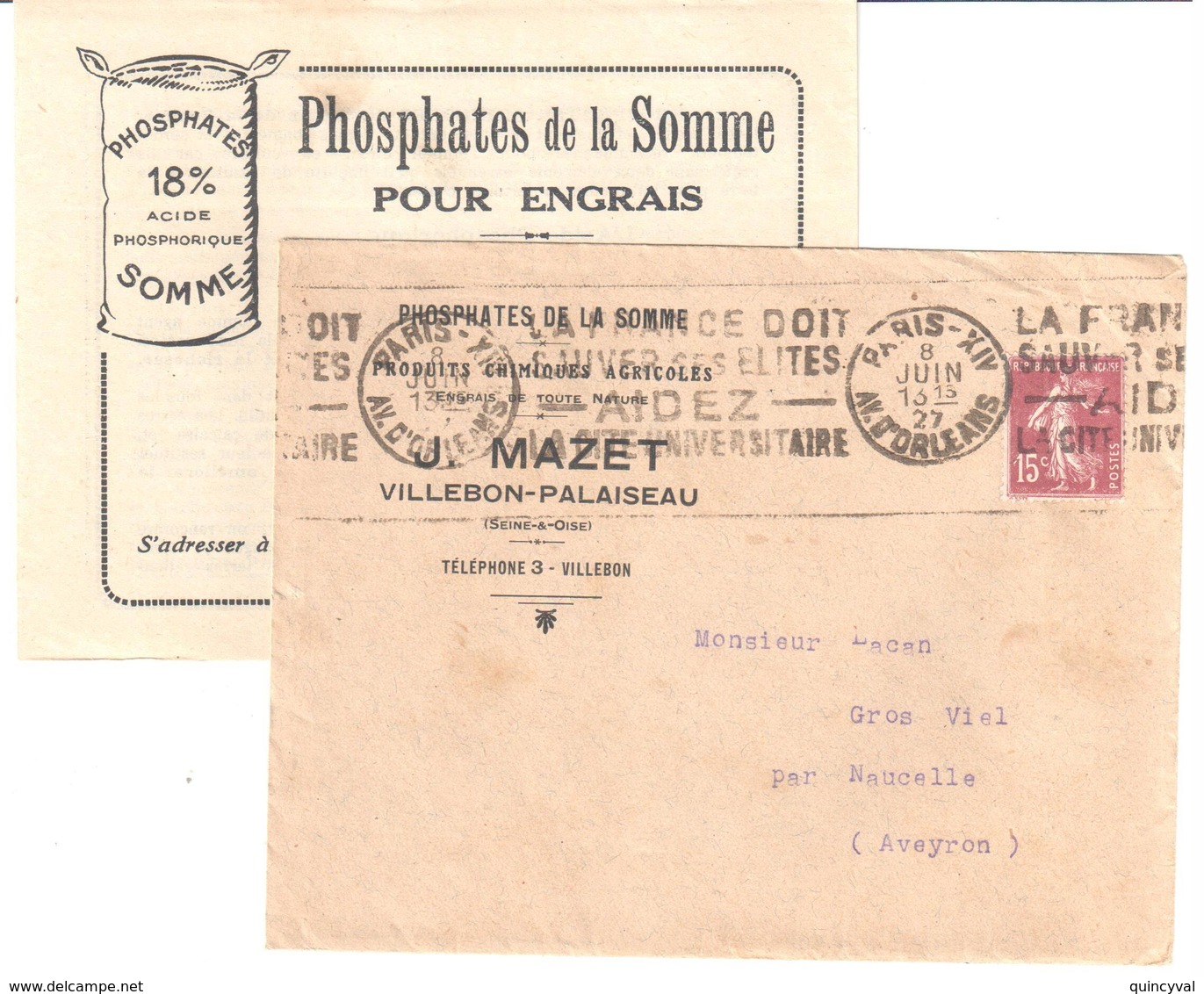 PARIS XIV Lettre Entête Phosphates Somme Contenu 15c Semeuse Yv 189 Ob Meca RBV A14203 Sauvez Elites Cité Universitaire - Covers & Documents