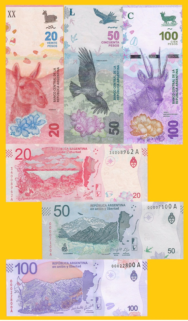 Argentina Set 20, 50, 100 Pesos 2017-2018 UNC Banknotes - Argentina