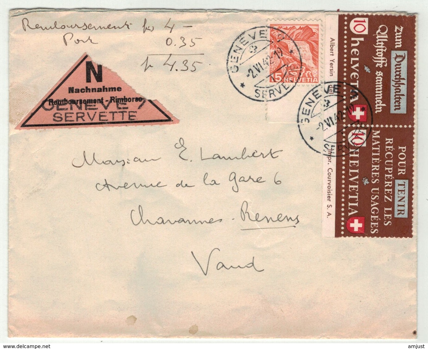 Suisse // Schweiz // Switzerland // 1940-1949 // Remboursement Pour Chavannes-Renens 2.06.1942 - Lettres & Documents