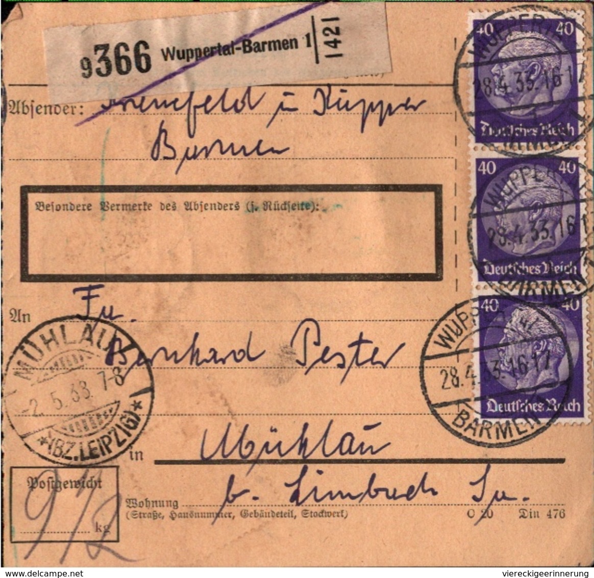 ! 1933 Paketkarte Deutsches Reich, Wuppertal Barmen Nach Mühlau - Storia Postale