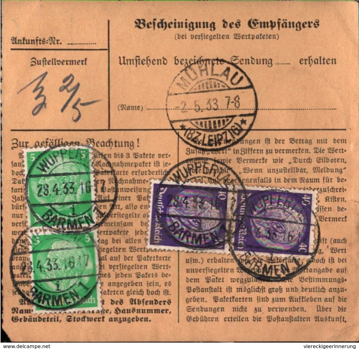 ! 1933 Paketkarte Deutsches Reich, Wuppertal Barmen Nach Mühlau - Briefe U. Dokumente