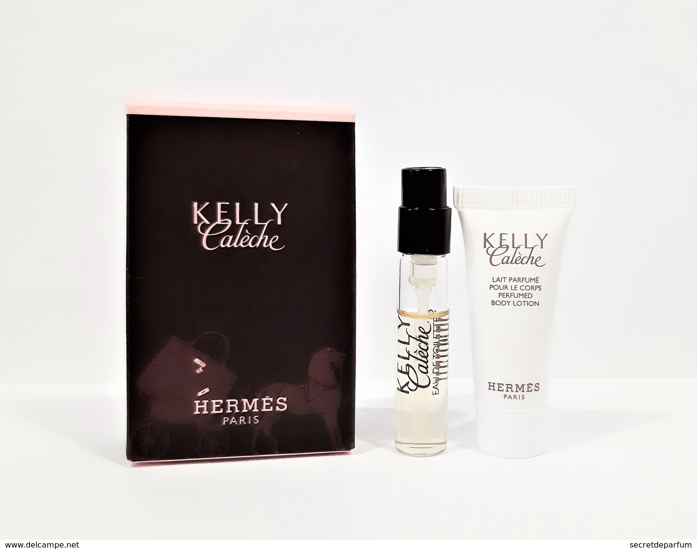 échantillons De Parfum  Tubes KELLY CALÈCHE De HERMES EDT 2 Ml + TUBE LAIT PARFUMÉ  5 Ml + BOITE - Echantillons (tubes Sur Carte)