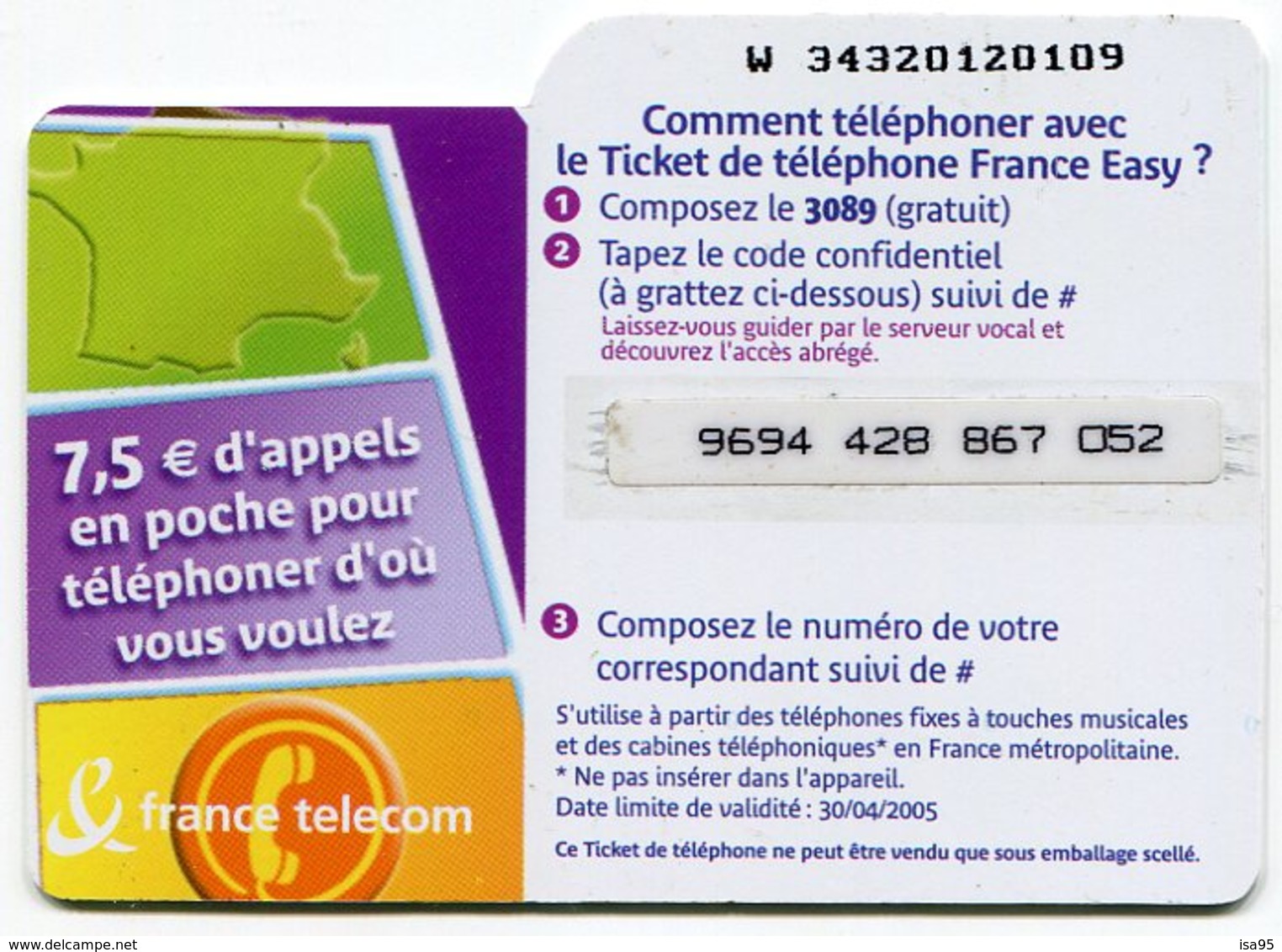 TELECARTE-LE TICKET DE TELEPHONE FRANCE EASY-2005-7.5€ - FT