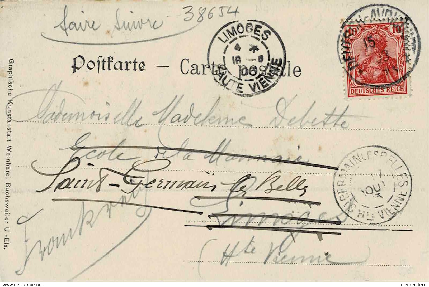 TP N° 69 Du Reich Sur Carte Postale De Avricourt Allemand   Pour Limoges Puis St Germain Les Belles - Sonstige & Ohne Zuordnung