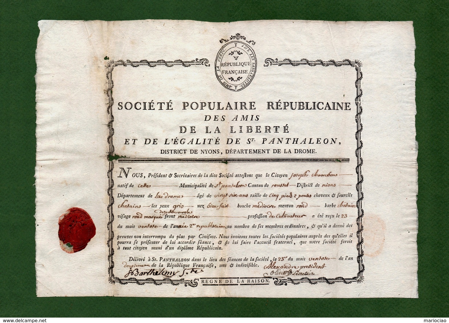 D-FR Révolution 1792 Société Populaire Républicaine Des Amis De La Liberté Et De L'Egalité - Historische Documenten