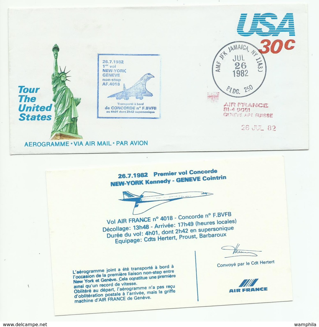 1982 Concorde 1er Vol Sur Aérogramme New York - Genève, Avec Certificat - Concorde