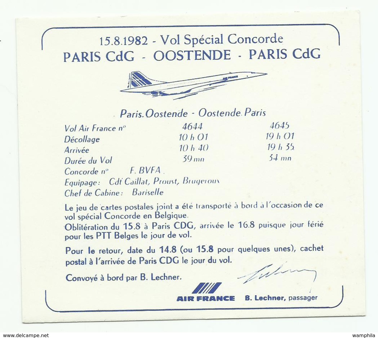 1982 Concorde Vol Spécial  Paris- Oostende + Retour, Avec Certificat - Concorde