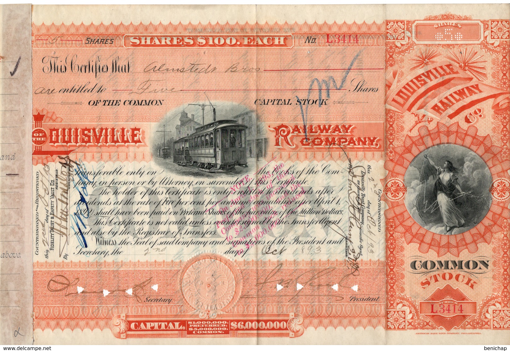 Titre De Bourse Made In USA - LOUISVILLE RAILWAY COMPANY - 1893. - Spoorwegen En Trams