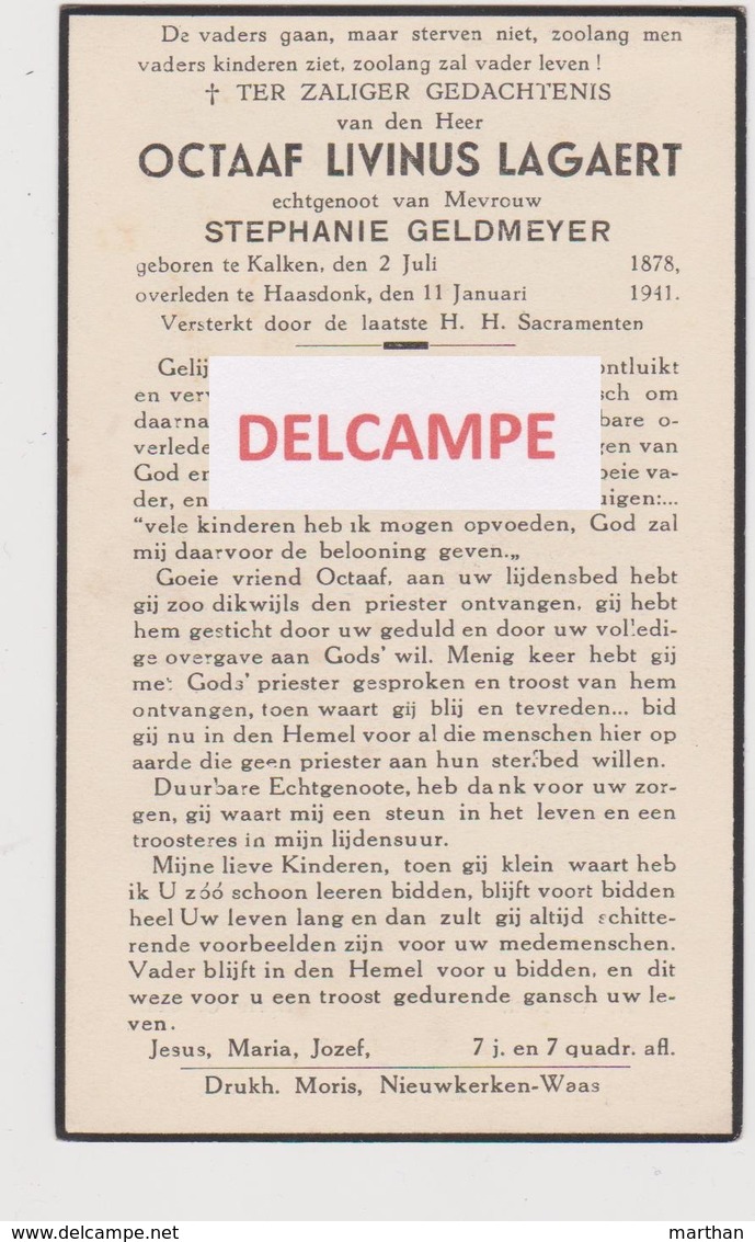 DOODSPRENTJE LAGAERT OCTAAF ECHTGENOOT GELDMEYER KALKEN HAASDONK 1878 - 1941  Bewerkt Tegen Kopieren - Andachtsbilder