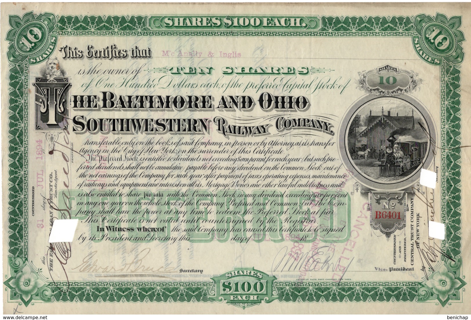 Titre De Bourse Made In USA - THE BALTIMORE AND OHIO SOUTHWESTERN RAILWAY COMPANY - 1894. - Spoorwegen En Trams
