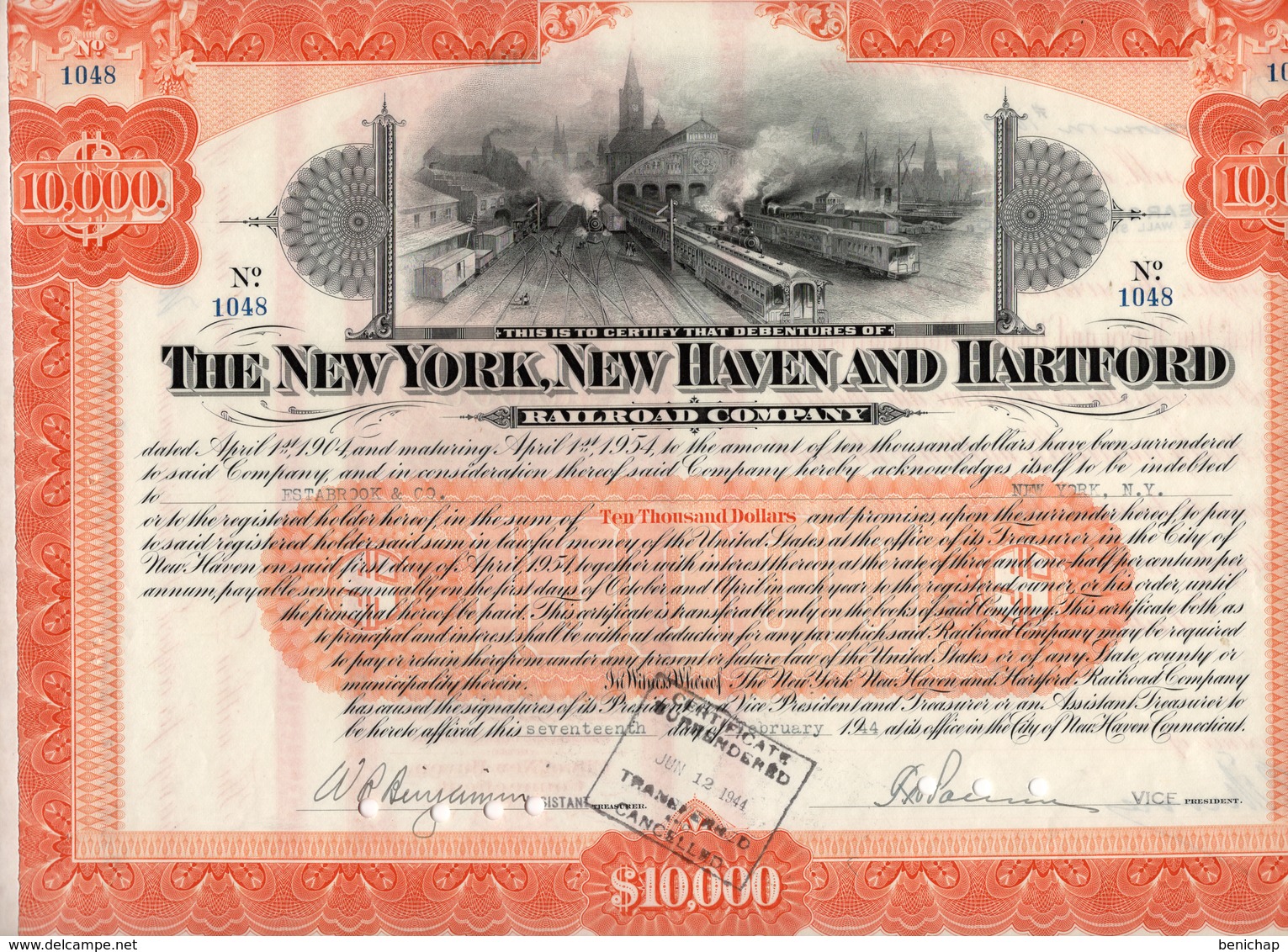 Titre De Bourse Made In USA - THE NEW YORK, NEW HAVEN AND HARTFORD - 1944. - Ferrovie & Tranvie