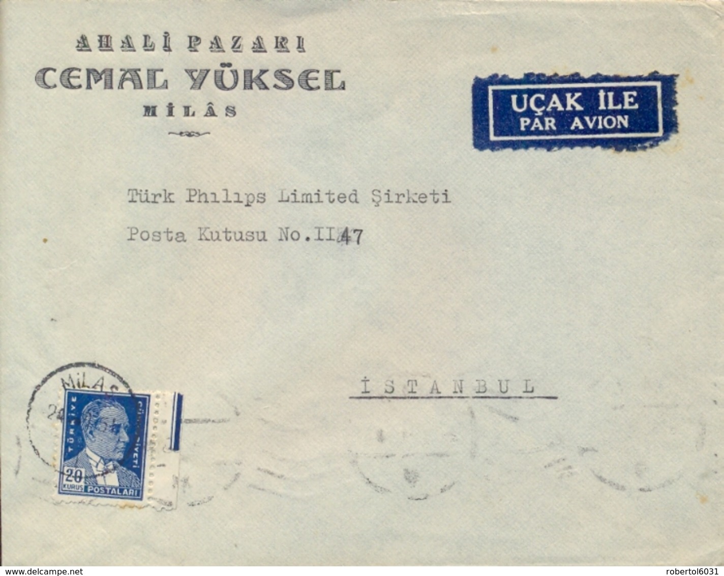 Turkey 1951 Airmail Cover From Milas To Istanbul With 20 K. - Airmail